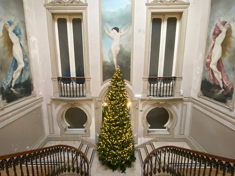 Christmas tree in old building, stairs, Christmas in Portugal