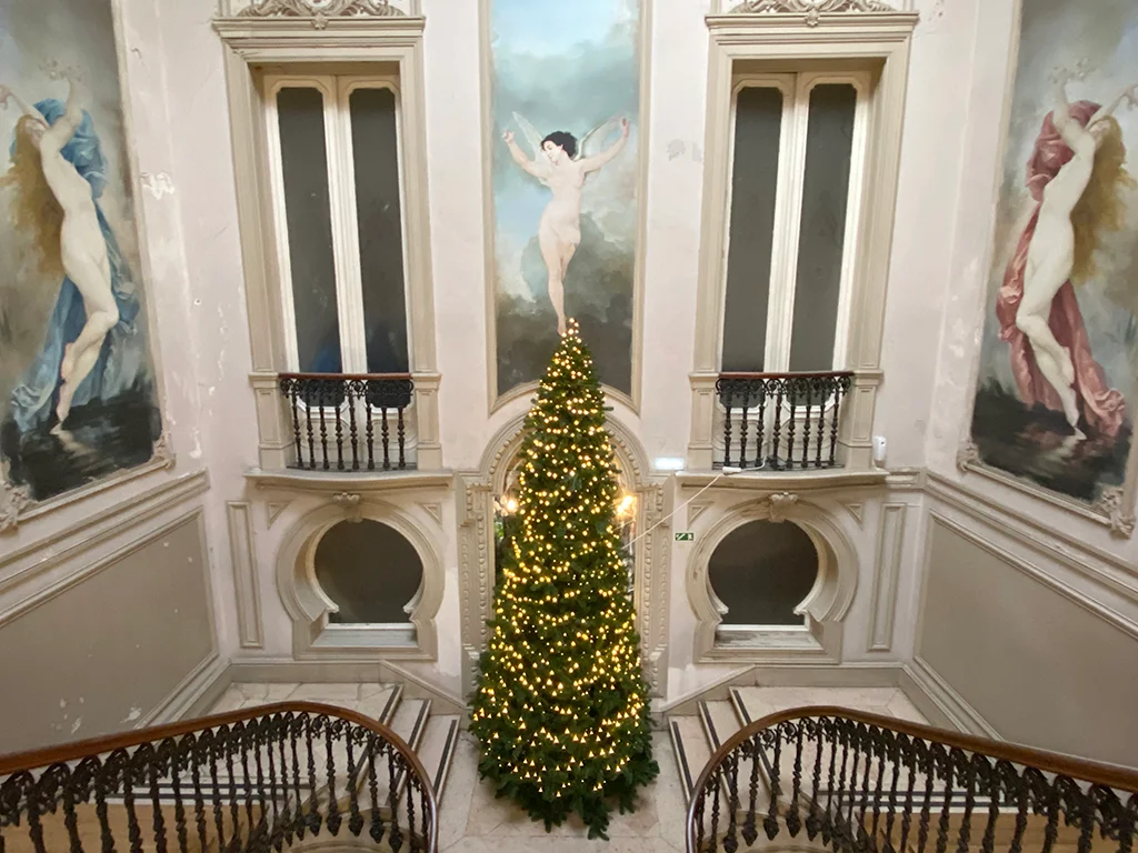 Christmas tree in old building, stairs, Christmas in Portugal