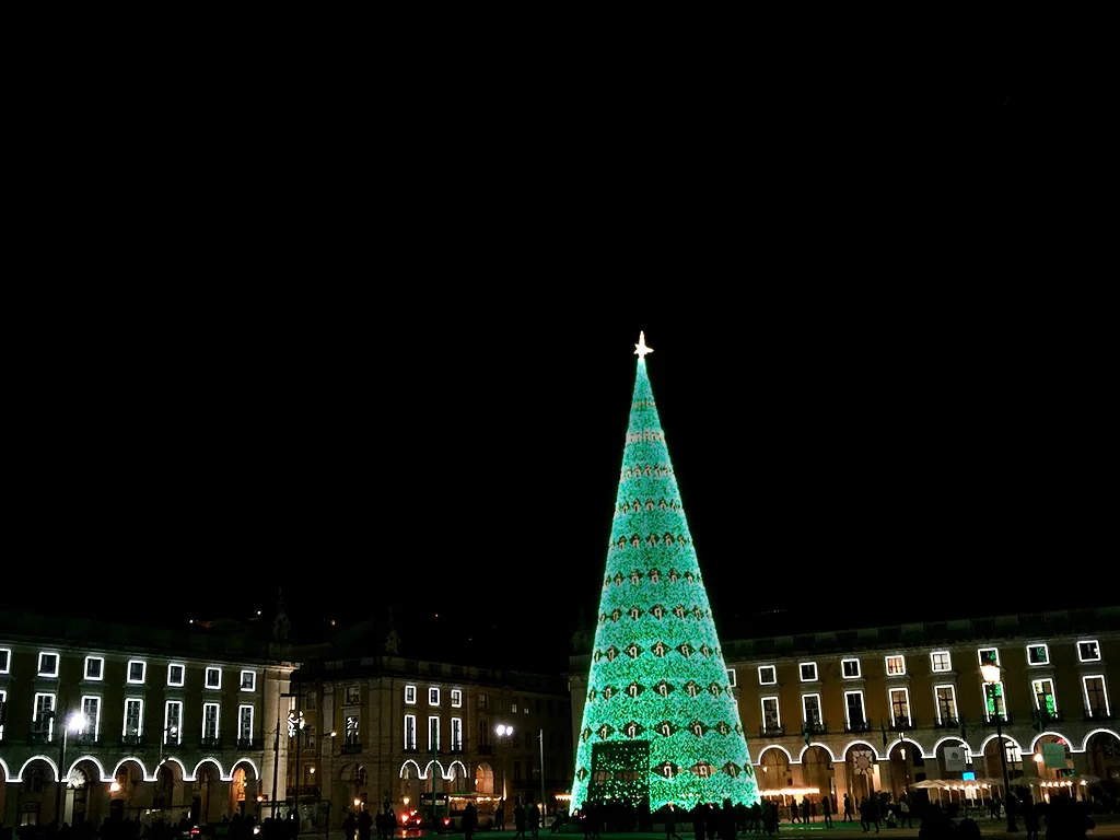 Xmas tree lit up in green, Lisbon, Christmas in Portugal