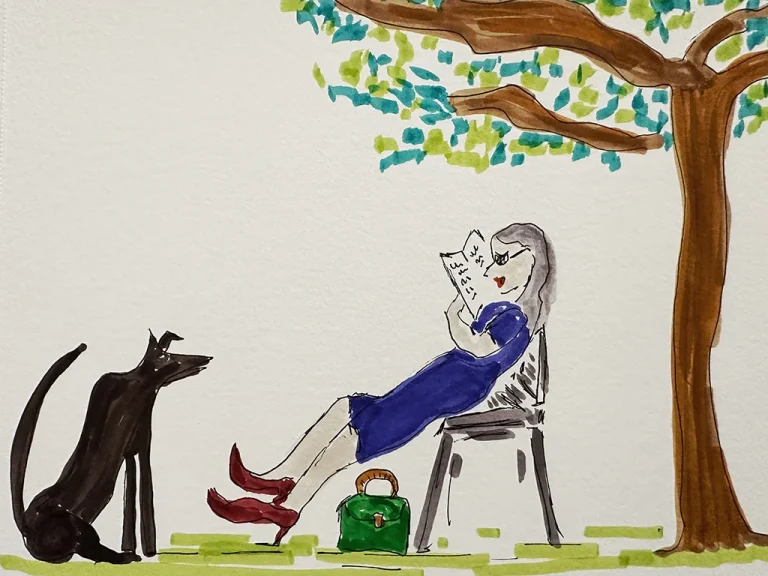 Illustration woman sitting on a chair under a tree and a dog looking at her. woman over 50 date