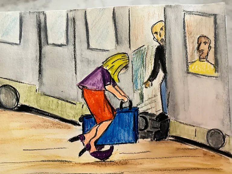 illustration, woman trying to put suitcase in trainLisbon day trip