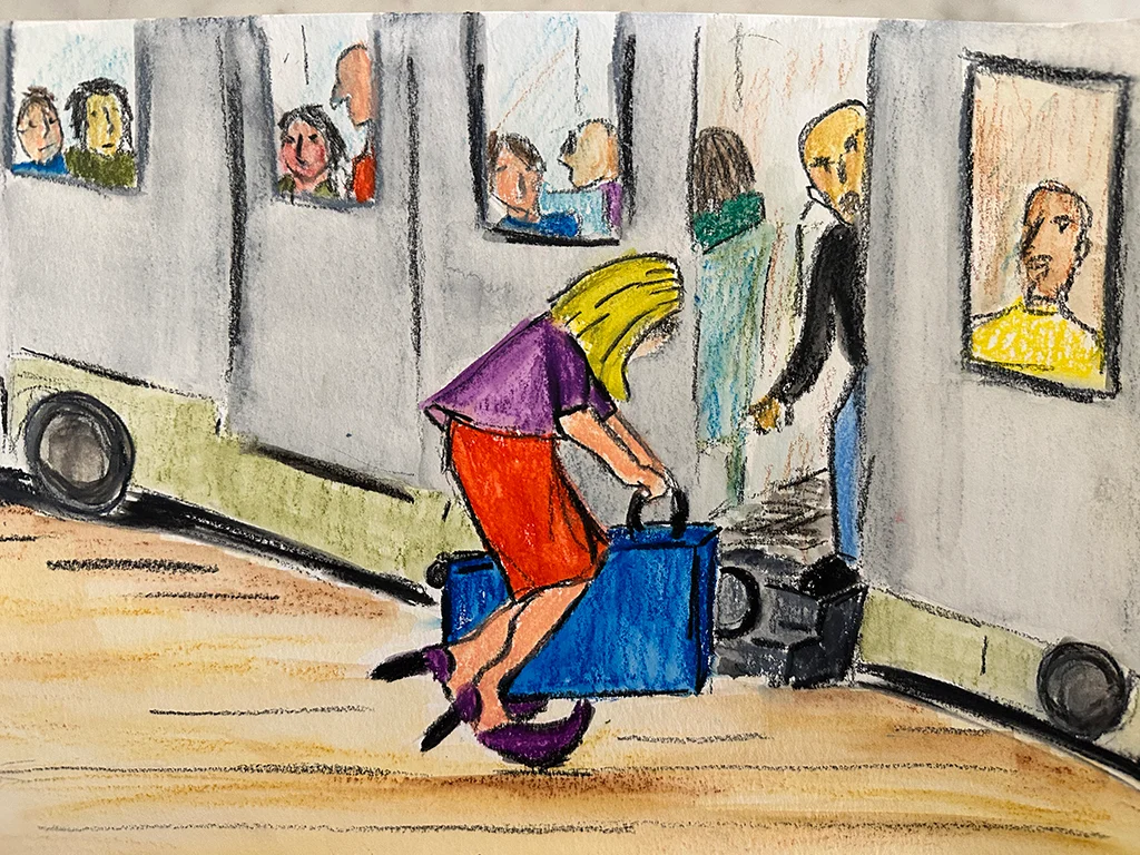 illustration of woman getting into a train with people looking our the window. solo vacation. illustration Marguerite Beaty