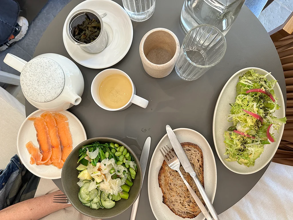 colourful food on small plates, on a gray table. Breakfast in Lisbon