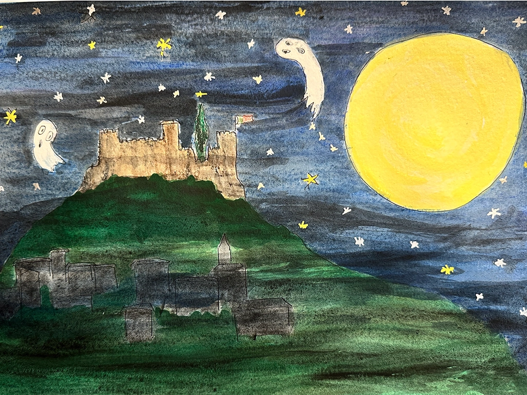illustration of castle S Jorge in Lisbon, full yellow moon, stars, two ghosts on either side of castle, halloween in Lisbon
