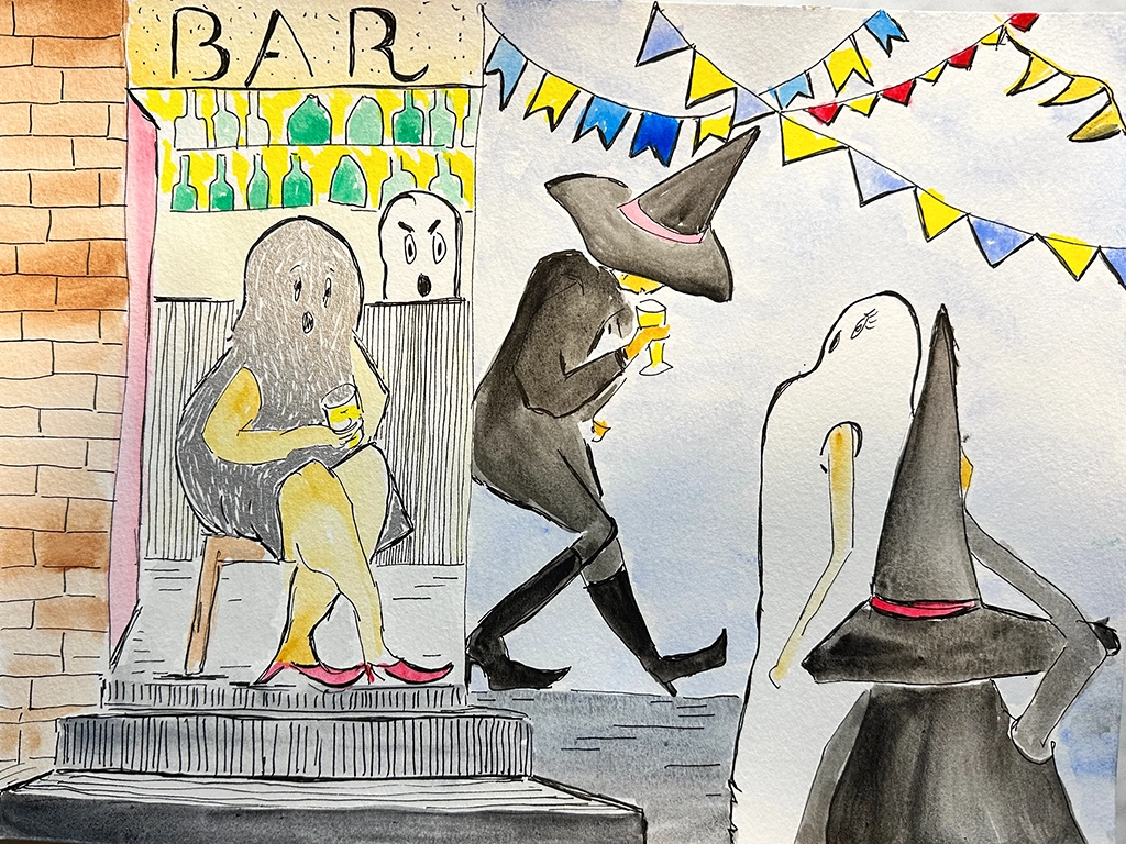 illustration of ghosts and witches at a bar, halloween in Lisbon
