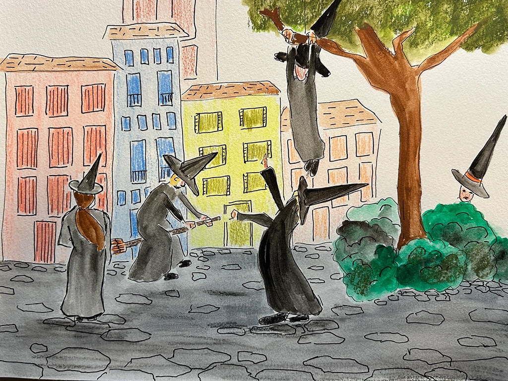 illustration of witches dancing and floating on a Lisbon street, Halloween in Lisbon