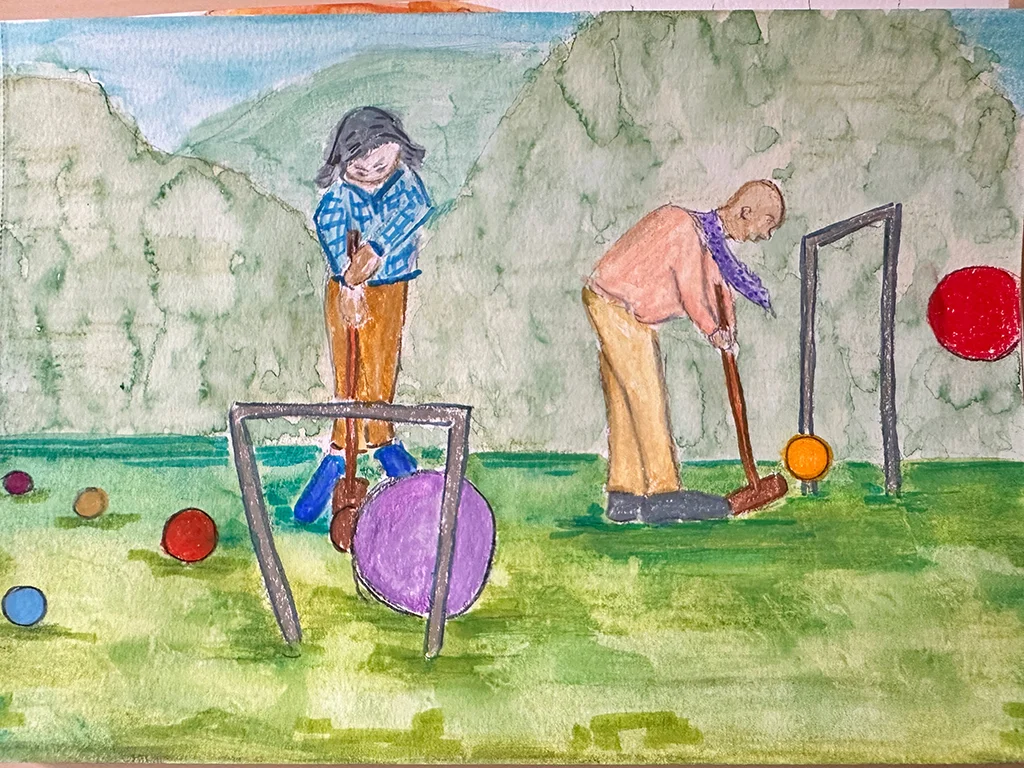 illustration of woman playing crochet in the foreground and a man playing in the background, creative hobbies for women over 50. Solo Christmas and hobbies