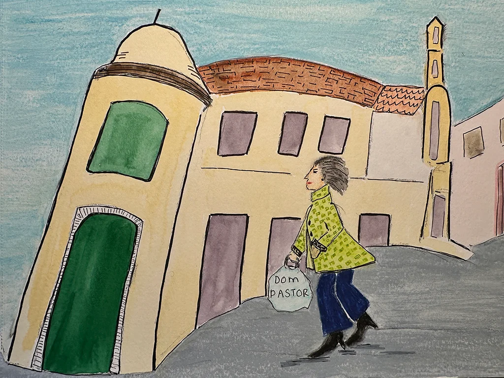 Illustration of woman wearing a wool coat from Dom Pastor