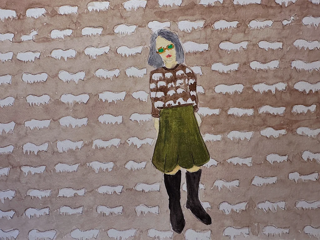 illustration of woman wearing a sweater with sheep designs. the background is a flat brown with many sheep. Iconic sheep sweater