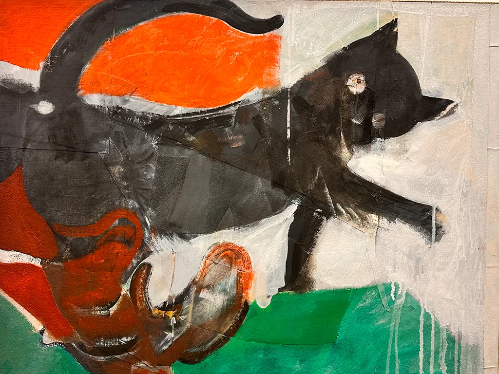 Painting of black Cat by Julio Pomar, abstract background, art in Lisbon in spring