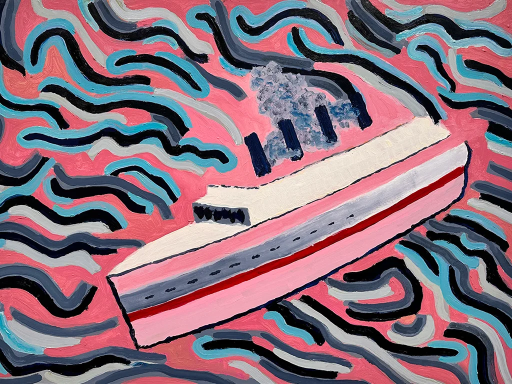 boat in front of wavy shapes, bright colours: pink, blue and black, artist: Conefrey, art in Lisbon