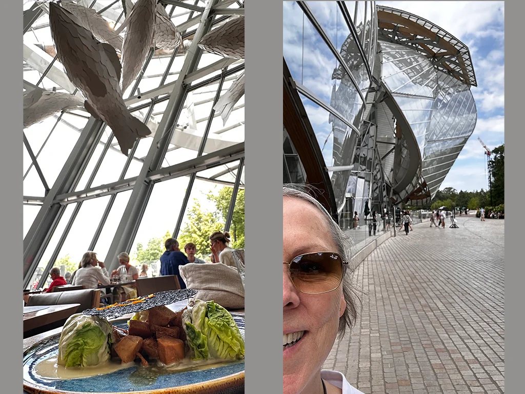 Lunch Louis Vuitton woman in front of Fondation Louis Vuitton, food at the restaurant in the foundation, Paris Traveling for art