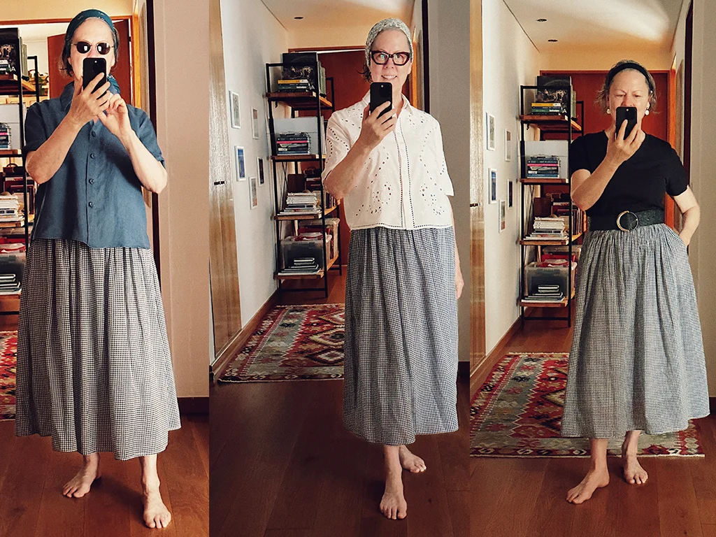 woman wearing a skirt with 3 different tops, 3 photos in one frame, Paris heatwave