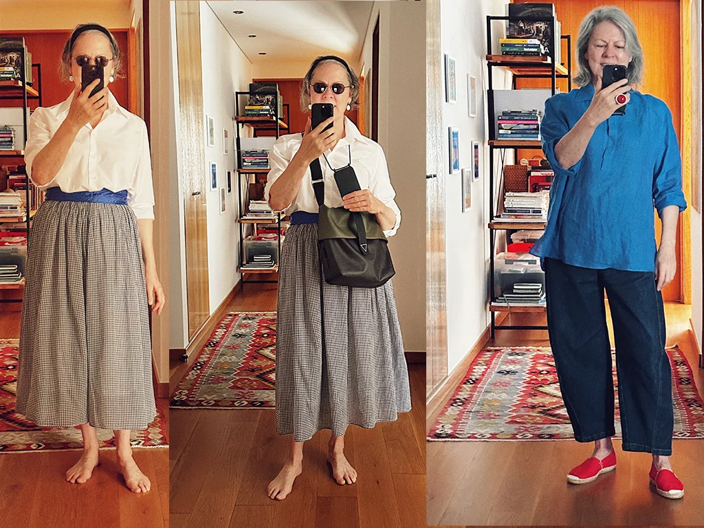woman wearing a skirt and different tops, denim and blue top, what to wear Paris heatwave