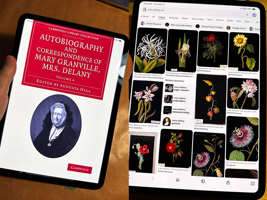 image of Mary Delany's book and her paper flowers on an iPad
